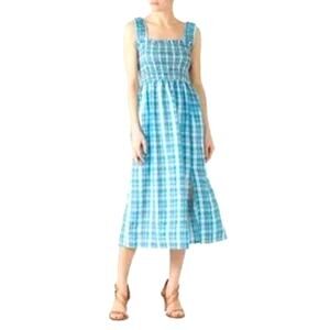Nicholas Smocked Cotton Plaid Midi Dress A-Line Sleeveless Blue 10